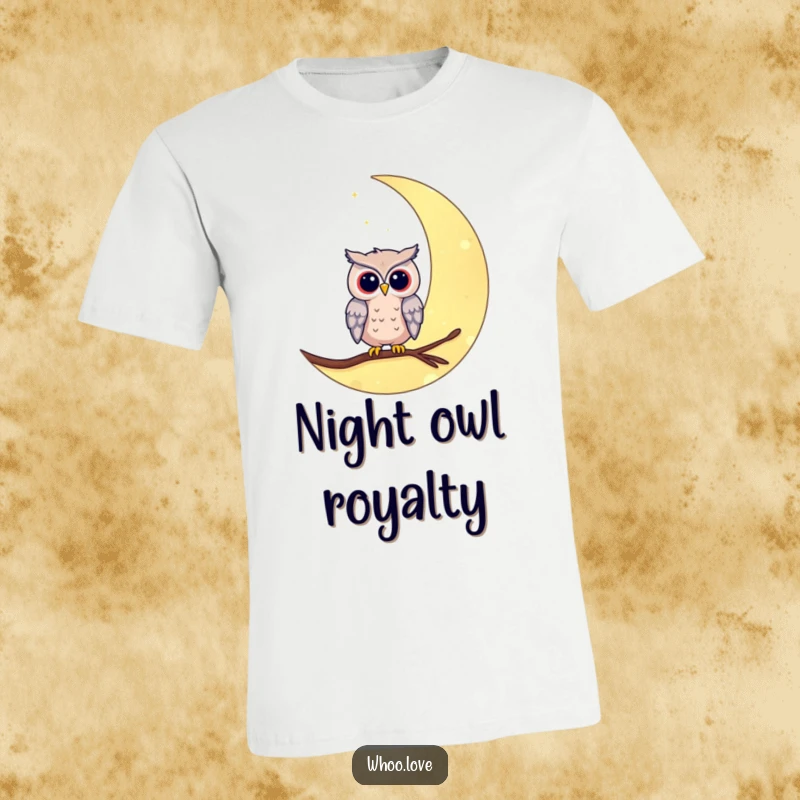 Funny moon perched owl t-shirt depicting an owl sitting calmly on a crescent moon. Great for fans of astrology and owl art.