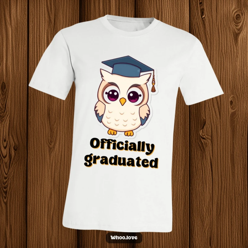 Funny graduation owl t-shirt depicting a wise owl wearing a graduation cap, symbolizing academic achievement with humor and intelligence.