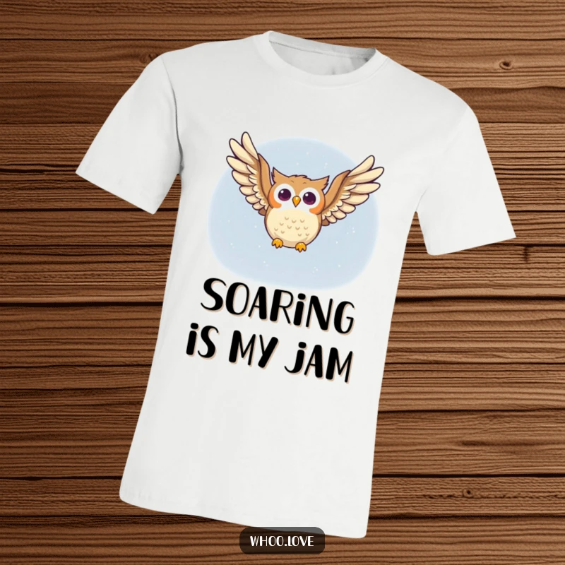 Funny owl t-shirt showcasing a happy owl character energetically soaring through the dark night sky, wings fully extended in a joyful flight.