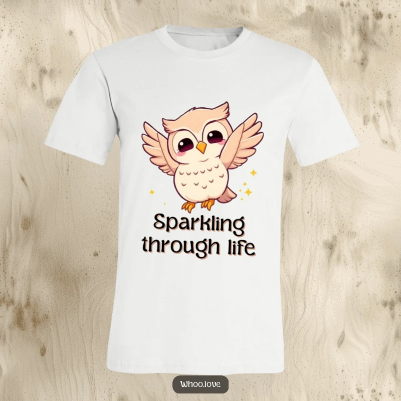 Funny joyful owl t-shirt showing an owl fluttering its wings with a happy expression and leaving a sparkly trail, a magical and humorous graphic tee.