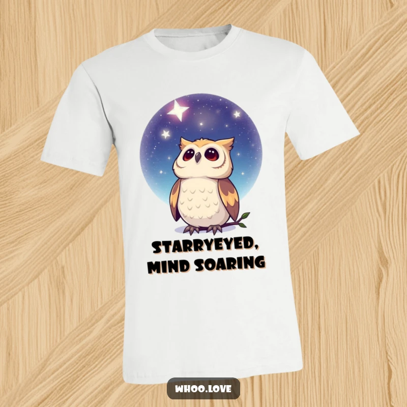 Funny Dreamy Owl T-Shirt: An artistic design of an owl gazing at a breathtaking, star-filled night sky, perfect for stargazers.