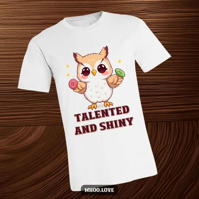 Funny playful owl t-shirt, skillfully juggling three shiny buttons with its talons, representing fun and dexterity.