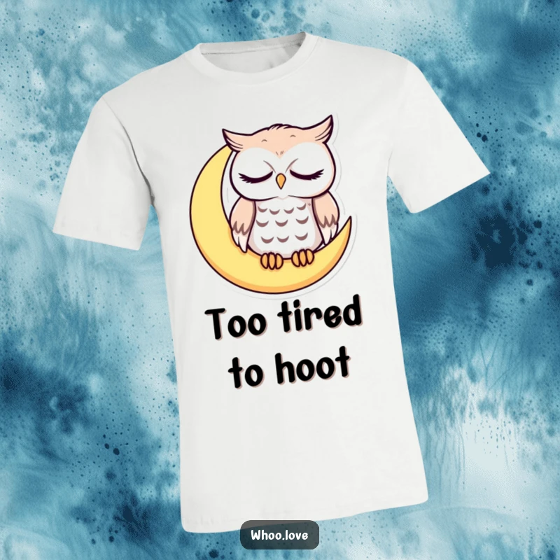 Funny sleepy owl with droopy eyes resting on a crescent moon, cute tired character t-shirt design for nappers.