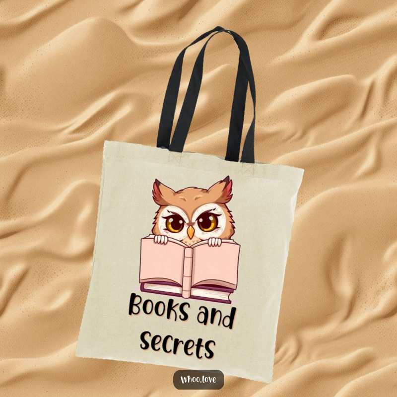 Funny tote bag, a mischievous owl character peeking from behind a large book, symbolizing hidden knowledge.