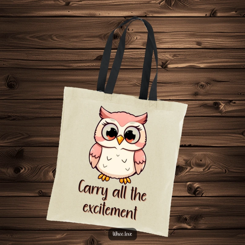 Funny tote bag illustration of a cute owl character with wide, excited eyes, hooting with pure joy, a perfect funny gift.
