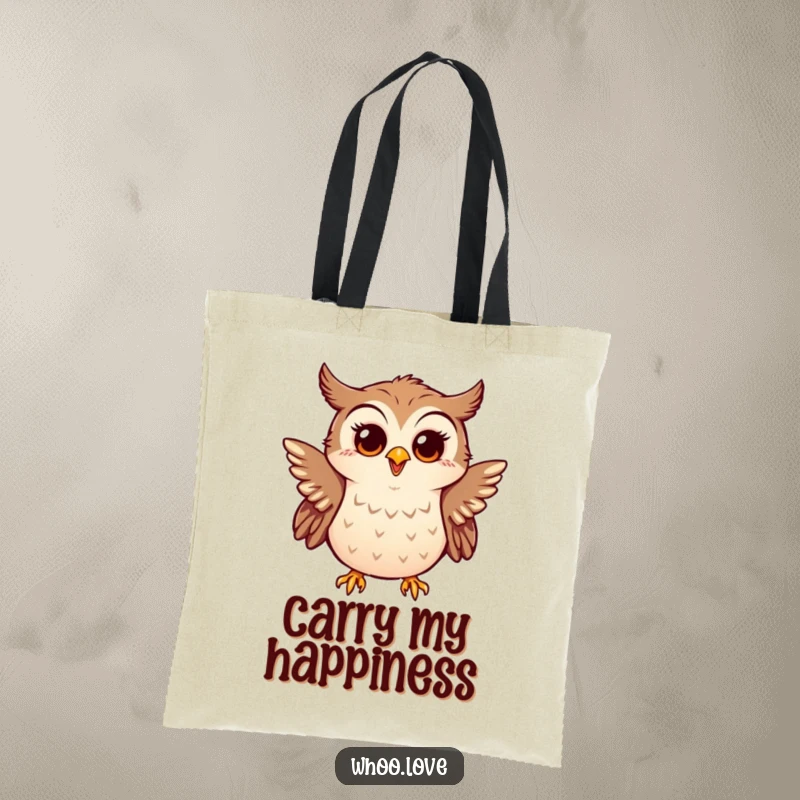Funny tote bag with a little owl enthusiastically flapping tiny wings, looking surprised and happy, perfect for everyday.