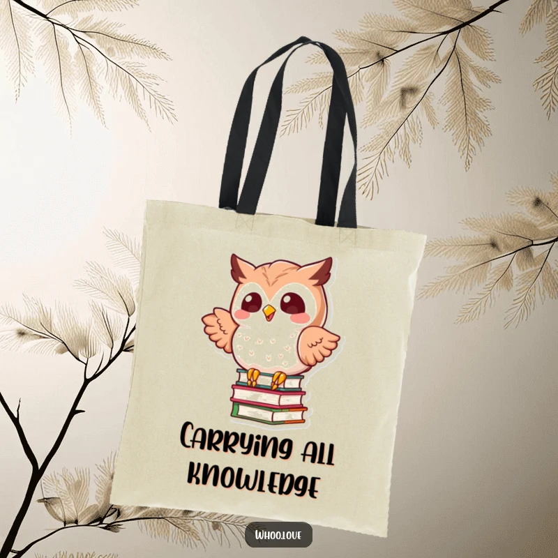 Funny kawaii owl in a comical pose, struggling to balance a huge pile of books, on a sturdy and stylish tote bag.