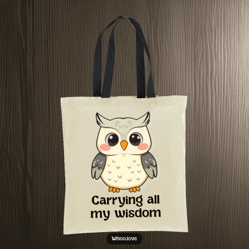 Funny smiling owl character tote bag, depicted hooting with a big smile, designed for carrying essentials with cheerful happiness.