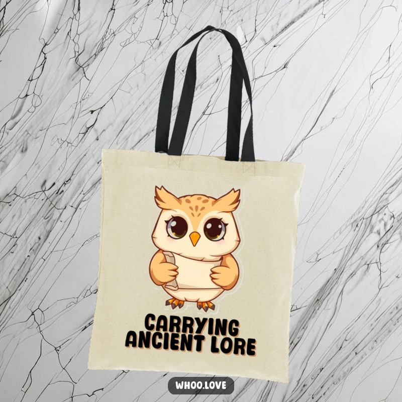 Funny tote bag featuring a studious owl character holding a scroll, perfect for carrying books and supplies with scholarly flair.