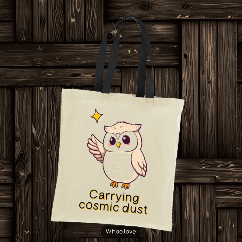 Funny owl tote bag featuring an owl with a wing dramatically pointing to a distant, twinkling star, perfect for carrying dreams.