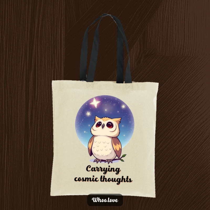 Funny Dreamy Owl Tote Bag: A stylish tote bag featuring an owl peacefully contemplating a brilliant, star-filled night sky, perfect for dreamers.