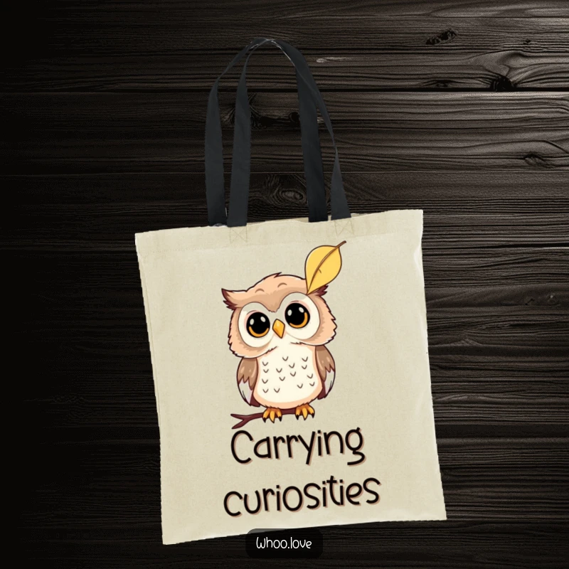 Funny tote bag illustration of a curious owl tilting its head at a falling leaf, symbolizing contemplation, a funny gift.