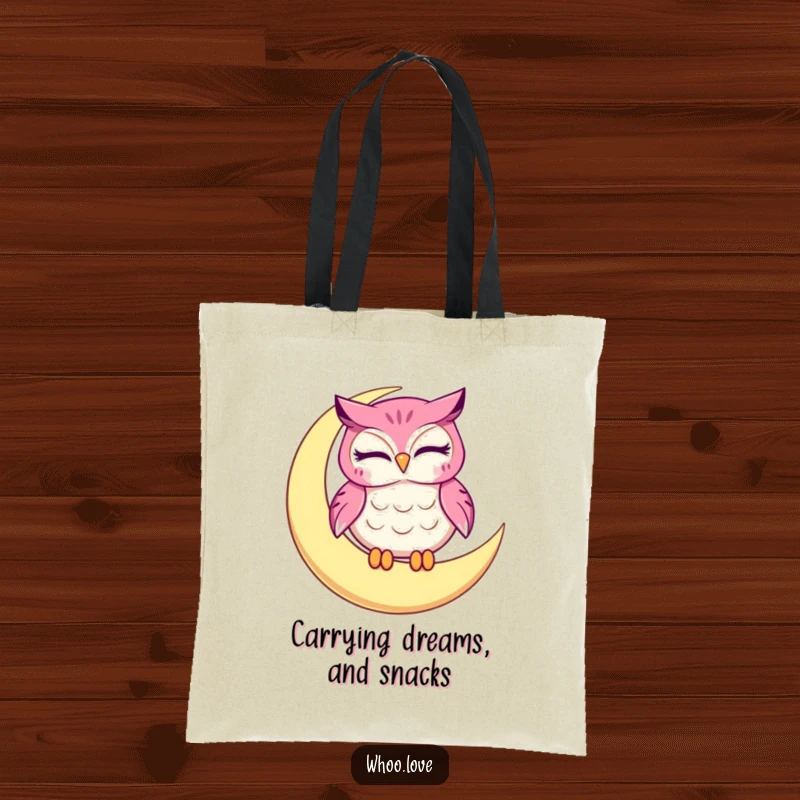 Funny owl tote bag, a winking character on a crescent moon, ideal for carrying items with a humorous flair.