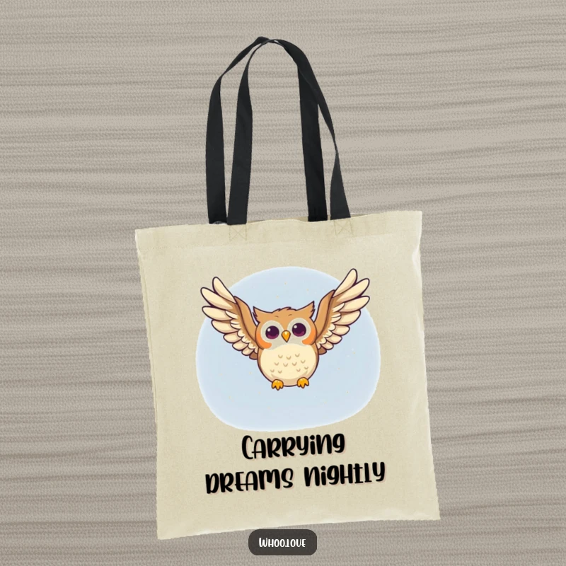 Funny owl tote bag featuring a happy owl character soaring gracefully through the night sky, wings spread wide, ready for adventure.