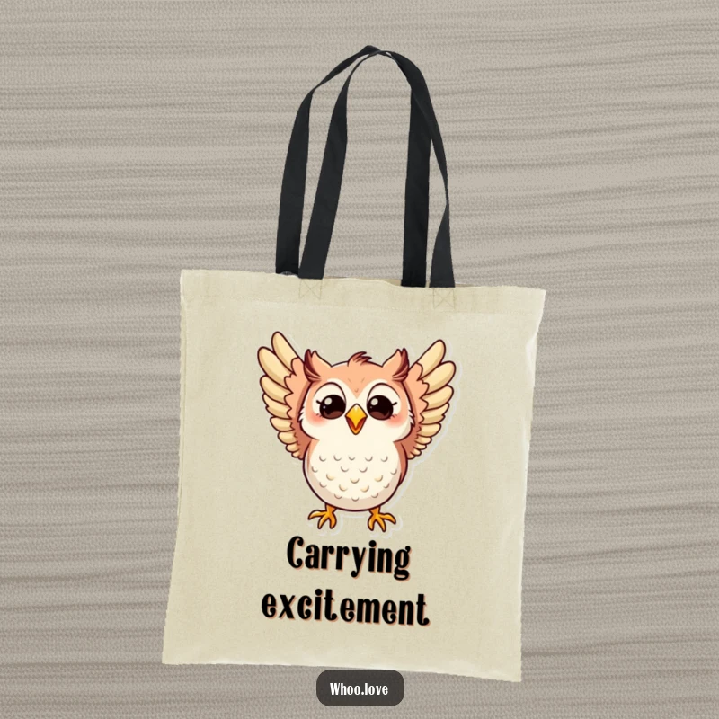 Funny tote bag illustrating an owl flapping its wings with great excitement and a wide, happy, infectious grin.