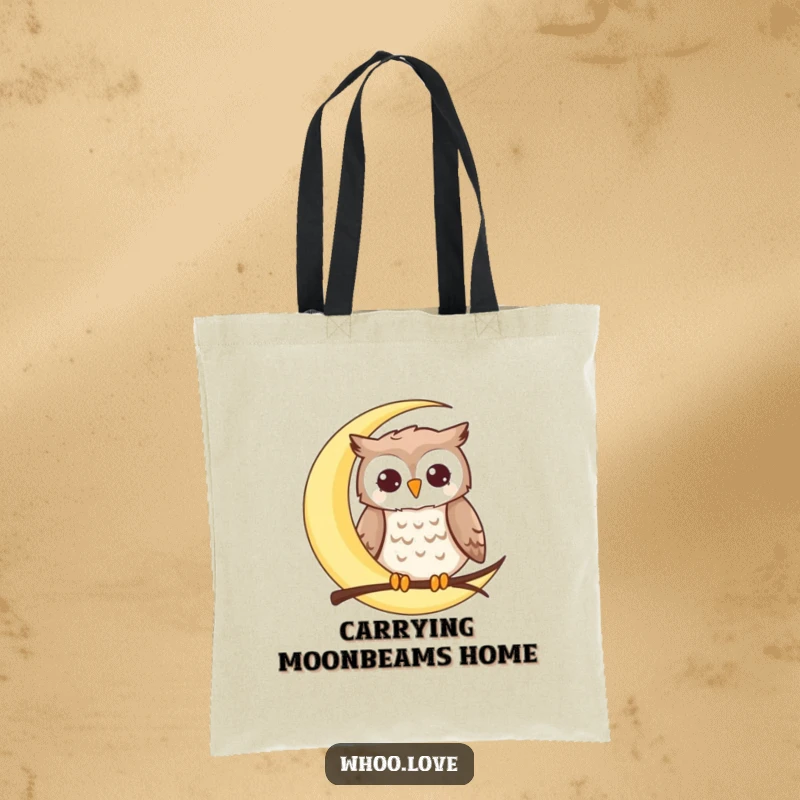 Funny moon owl tote bag featuring a happy owl perched on a crescent moon, perfect for carrying essentials with a touch of celestial humor.