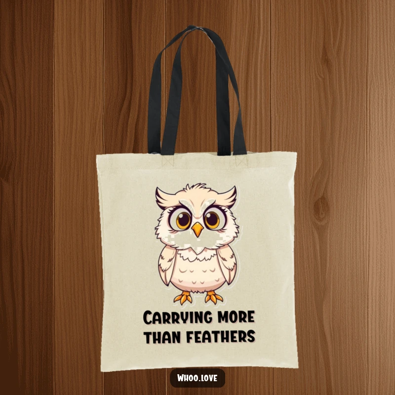 Funny tote bag, a surprised owl character with its feathers comically ruffled by the wind.
