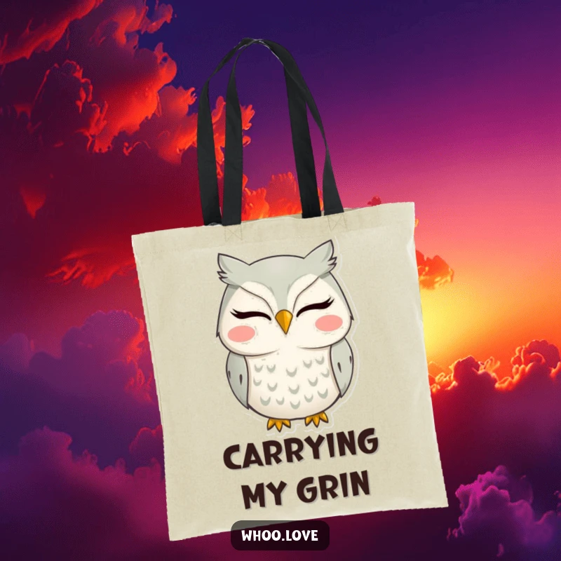 Funny tote bag with a silly smiling owl, perfect for carrying essentials with cheerfulness.