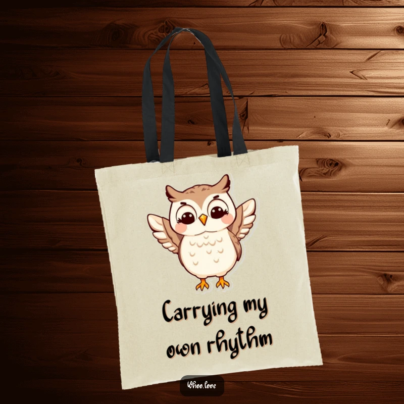 Funny Happy Owl Tote Bag: A cheerful owl character doing a lively wing shimmy, making errands fun and stylish for any occasion.