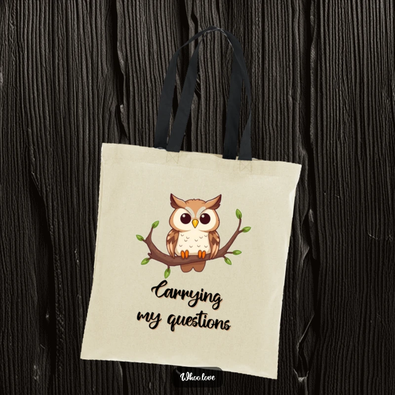 Funny curious owl tote bag, featuring an owl perching with a curious head tilt, ideal for carrying essentials with a touch of playful charm.