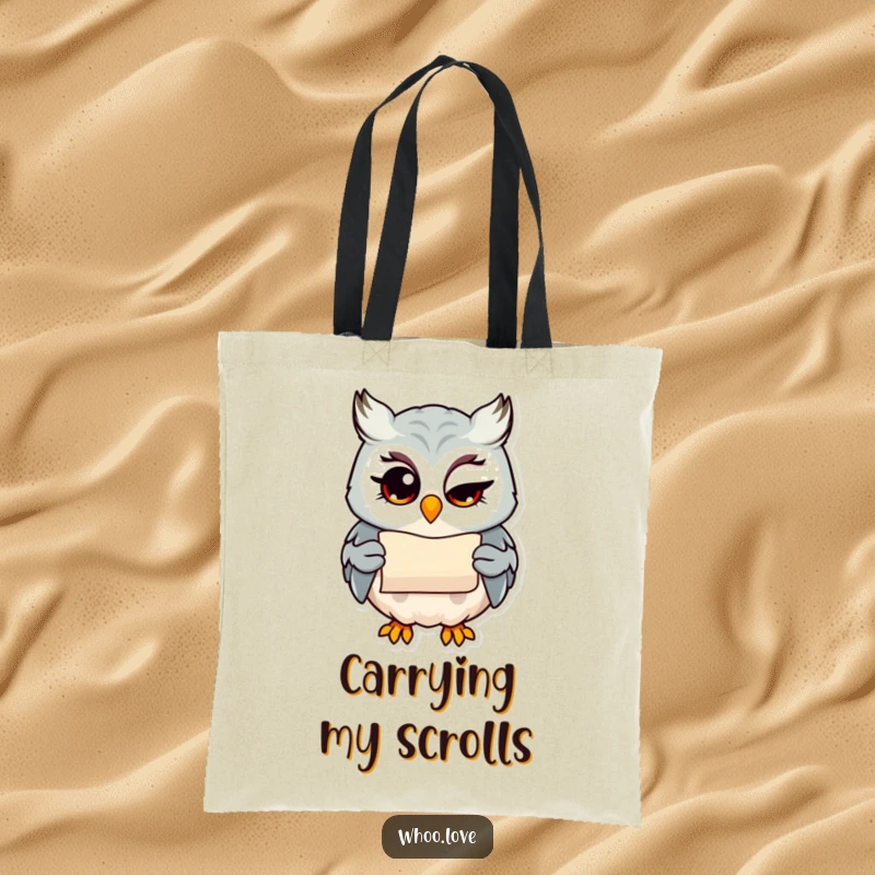 Funny owl with a wink holding a small scroll, cute mischievous tote bag, practical and witty gift.