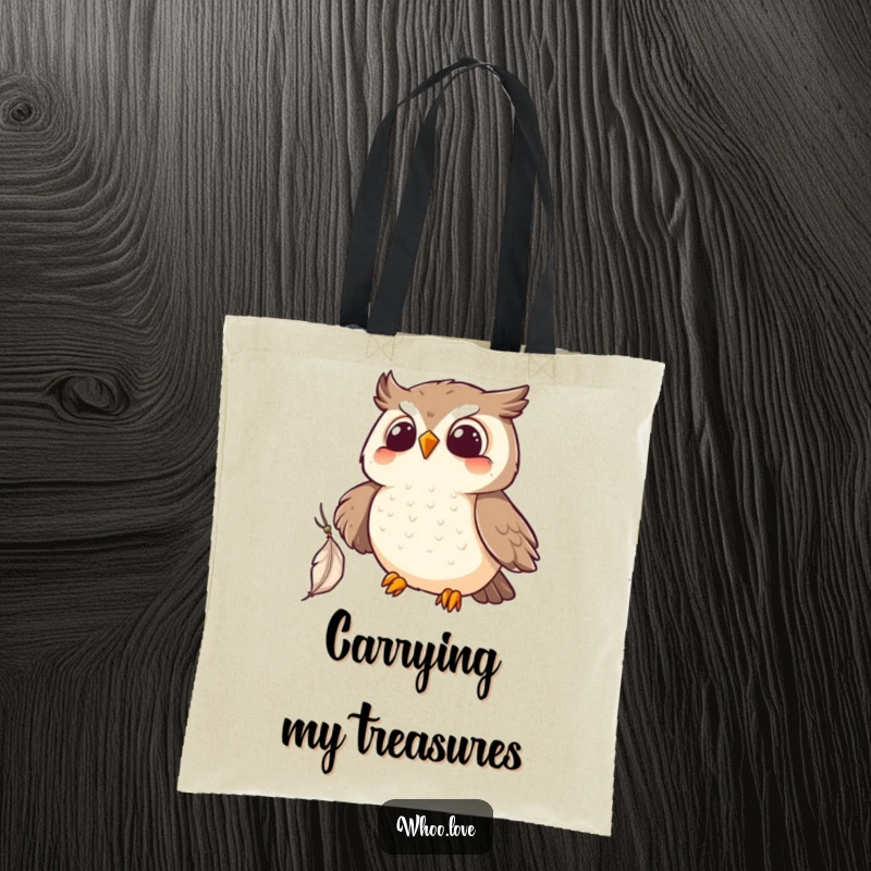 Funny Kawaii owl tote bag, dynamically reaching for a falling feather with a look of intense, adorable focus. Hilarious gift option.