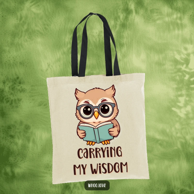 Funny owl tote bag depicting a studious owl with glasses reading a book, perfect for carrying literature and essentials.