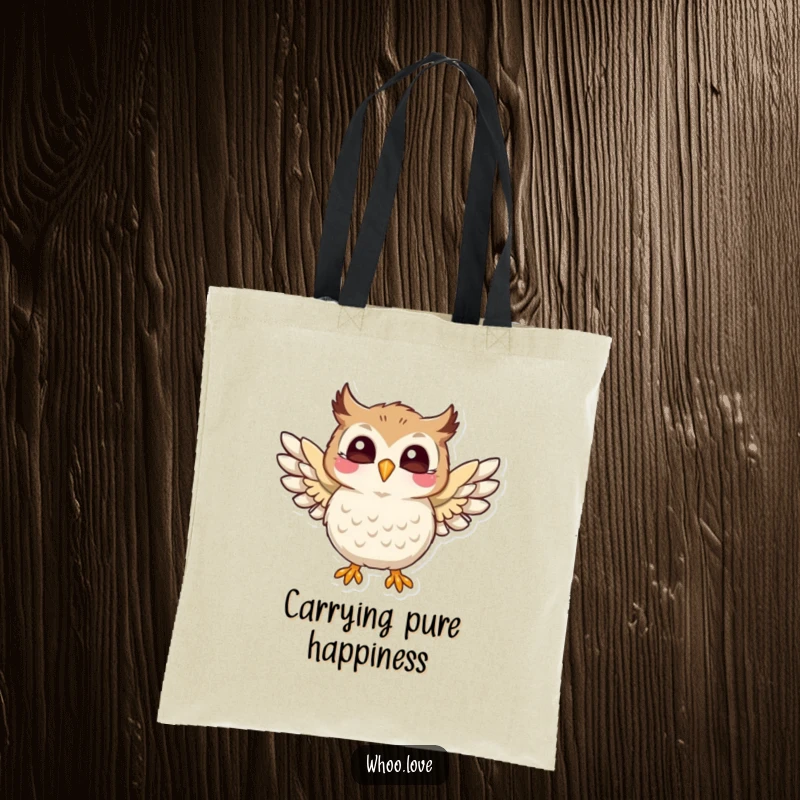 Funny tote bag illustration of a playful owl character flapping its wings with pure joy, perfect for carrying essentials, a funny gift.
