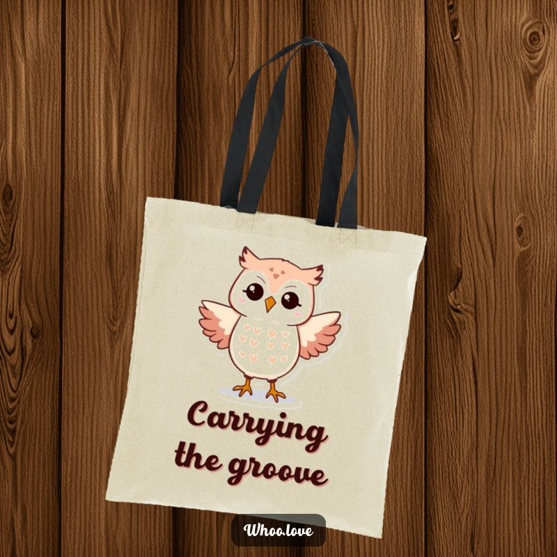 Funny Owl Tote Bag illustrating an owl doing a silly dance, practical for shopping and daily use.