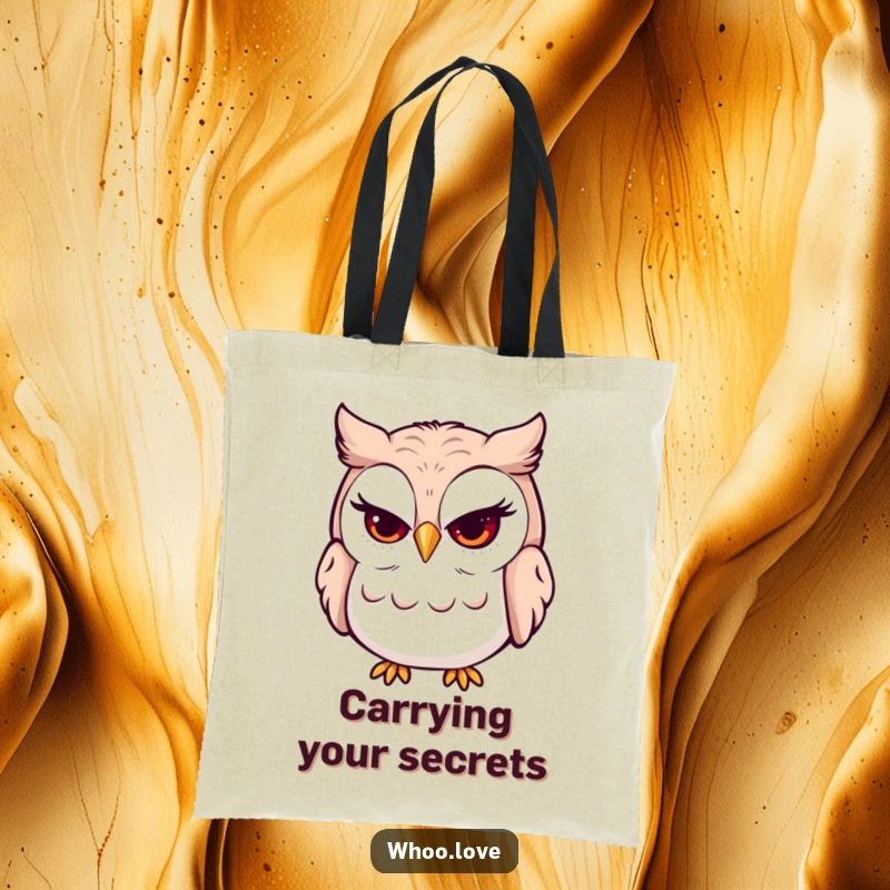 Funny mischievous grin owl tote bag with a winking owl and a sly smile. A humorous and functional accessory for carrying daily items.