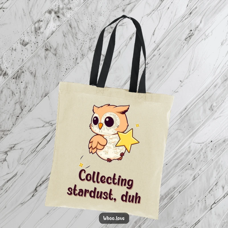 Funny tote bag illustrating a playful owl chasing a sparkling star, perfect for carrying your day's treasures with a touch of magic.
