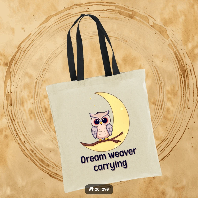 Funny crescent moon owl tote bag with an owl perched on a moon. A stylish and humorous bag for carrying essentials.