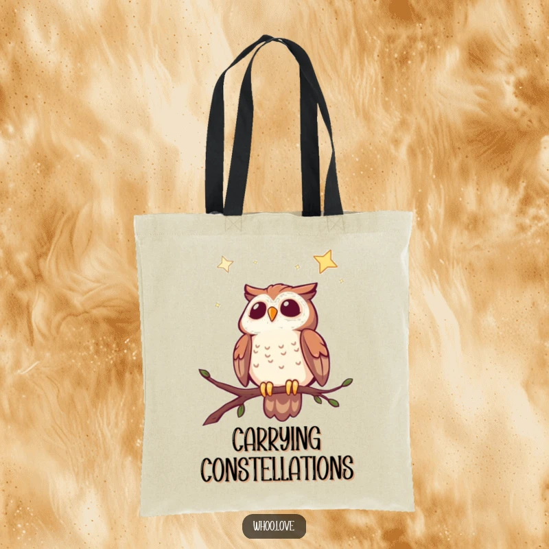 Funny tote bag with a cheerful owl perched, looking up at a dazzling starry night sky, perfect for carrying dreams.