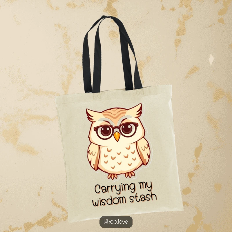 Funny owl tote bag, a curious character with tiny spectacles, stylish and practical for carrying essentials.