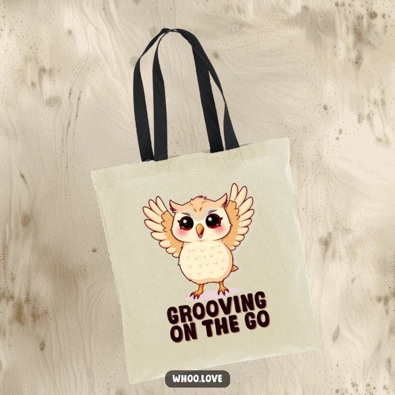 Funny tote bag with a kawaii owl performing a silly dance, wings spread wide, perfect for carrying your dancing essentials.