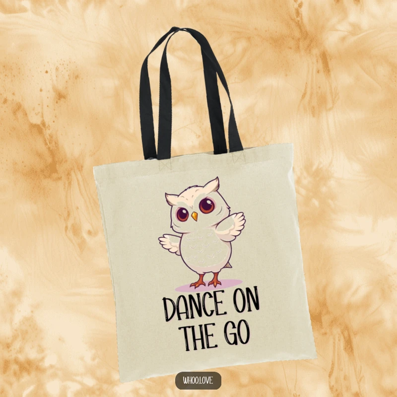 Funny tote bag featuring an owl character enthusiastically performing a silly, memorable dance move.