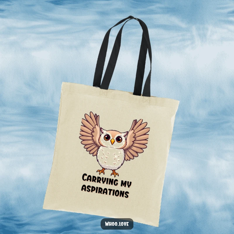 Funny owl tote bag, a character spreading large, expressive wings, stylish and functional for carrying items.