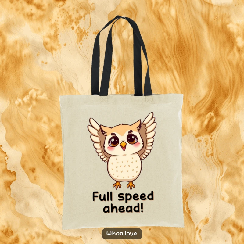 Funny flapping owl tote bag with an owl energetically flapping its wings. A humorous and functional accessory for carrying daily items.