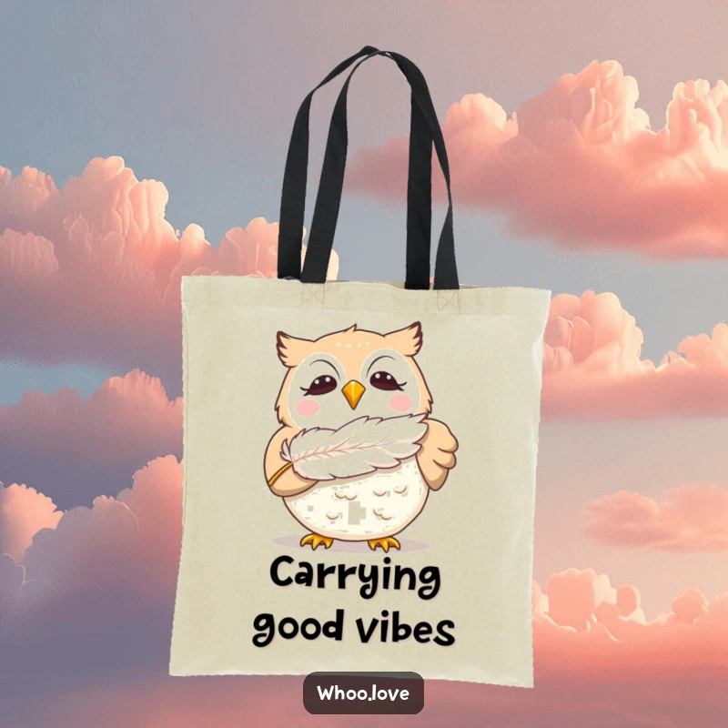 Funny giggling owl tote bag, depicting a delighted owl blowing a feather, a charming and practical accessory for carrying daily necessities with humor.