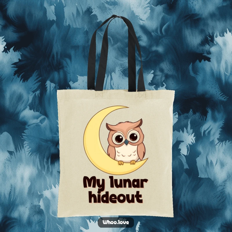 Funny tote bag with a comical owl, big googly eyes, peeking from behind a giant crescent moon, perfect for carry-alls.