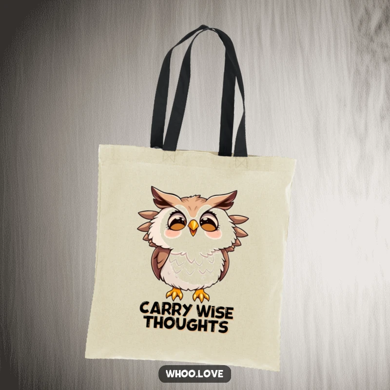 Funny tote bag with a joyfully hooting owl, ruffled feathers, perfect for carrying items with a dose of cartoon bird happiness.
