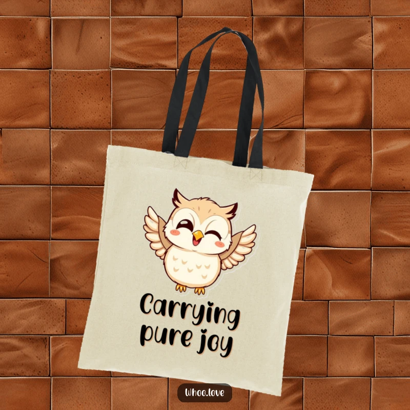 Funny tote bag with a kawaii owl giggling and flapping its wings joyfully, perfect for carrying your happy essentials.