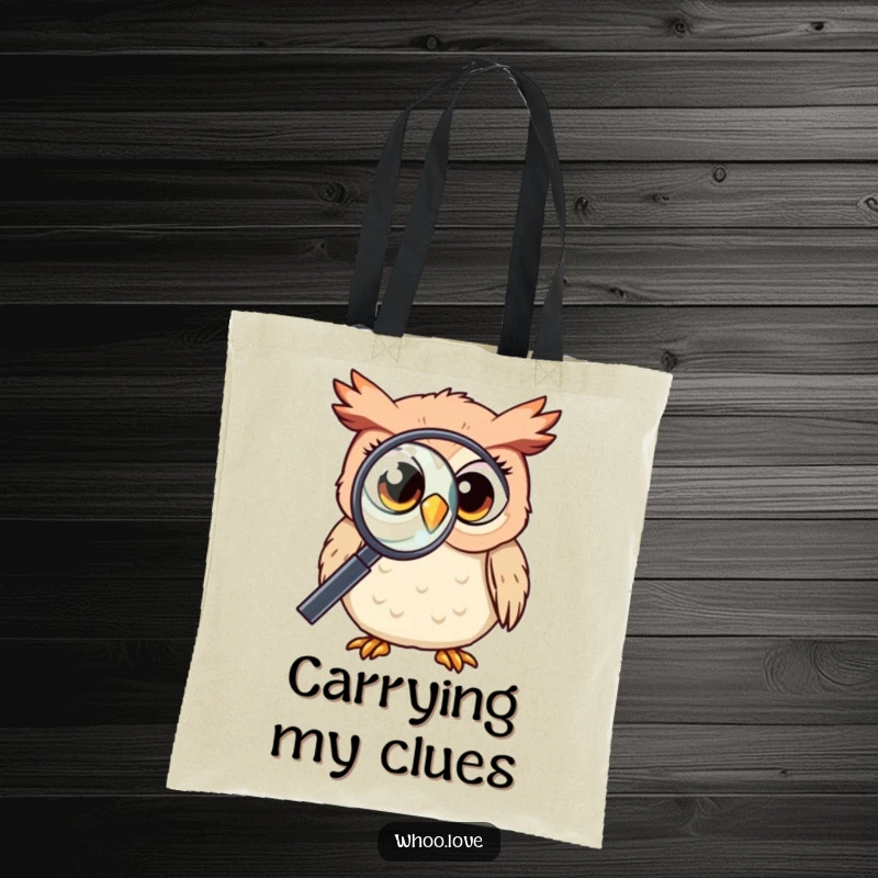 Funny Kawaii owl with curious eyes, peering through a magnifying glass, carrying books, a charming investigator, ideal funny gift.