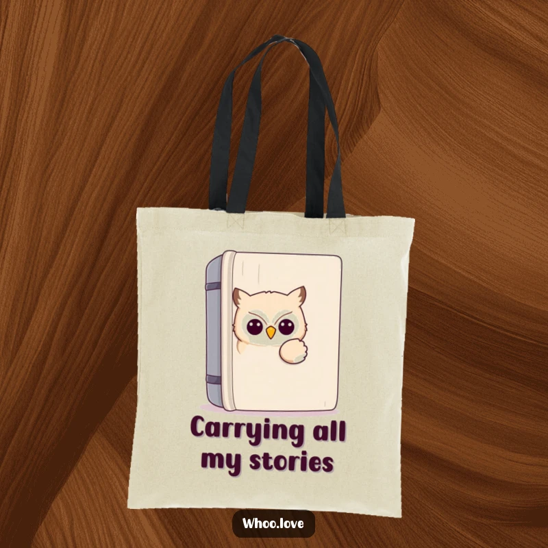 Funny kawaii owl tote bag featuring a cute owl peeking out from behind a giant book, perfect for carrying essentials with a humorous touch.