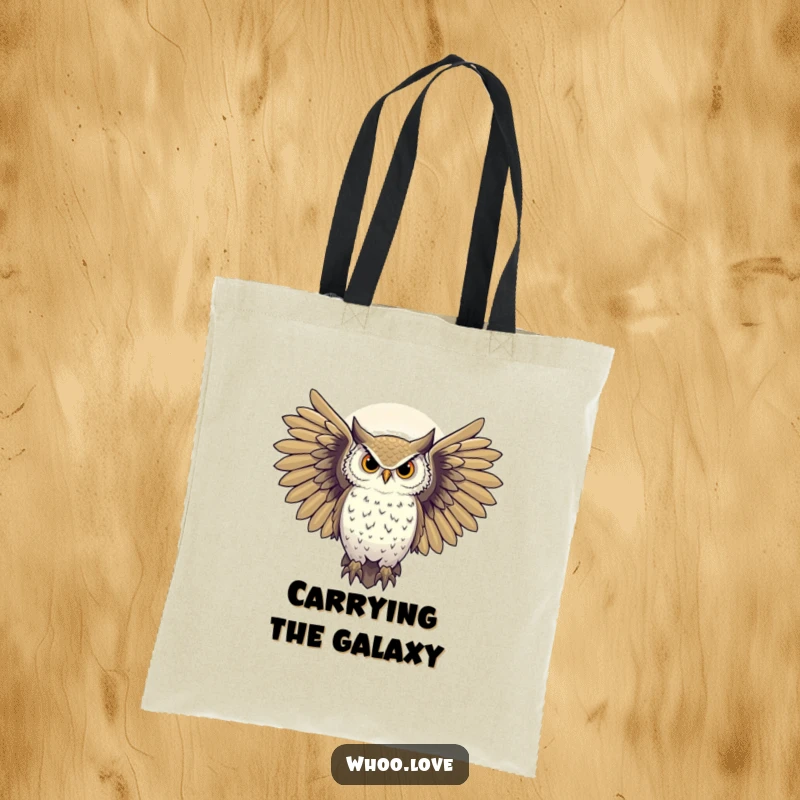 Funny majestic owl with wings spread against a starry night sky, cute mystical tote bag, practical and inspiring gift.