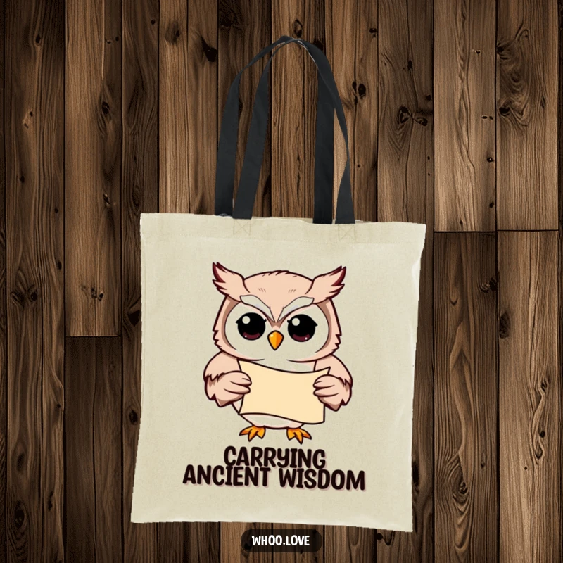 Funny Owl Library Tote Bag: A studious owl character holding a scroll, perfect for carrying books and study materials with charm.