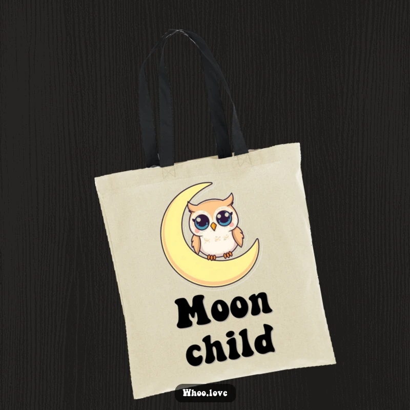 Funny tote bag illustrating a small owl with large, curious eyes perched on a crescent moon, perfect for carrying humor.