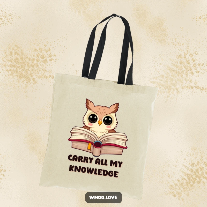 Funny tote bag showing an owl peeking out from a massive book, ideal for carrying essentials.