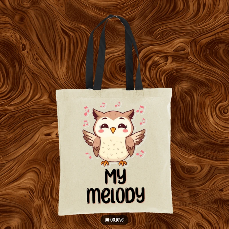 Funny tote bag illustrating a cheerful owl character hooting joyfully, surrounded by musical notes, perfect for daily use.