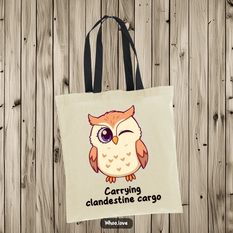 Funny Owl Wink Tote Bag: A mischievous owl character winking with one eye, perfect for carrying essentials with a touch of playful secrecy.